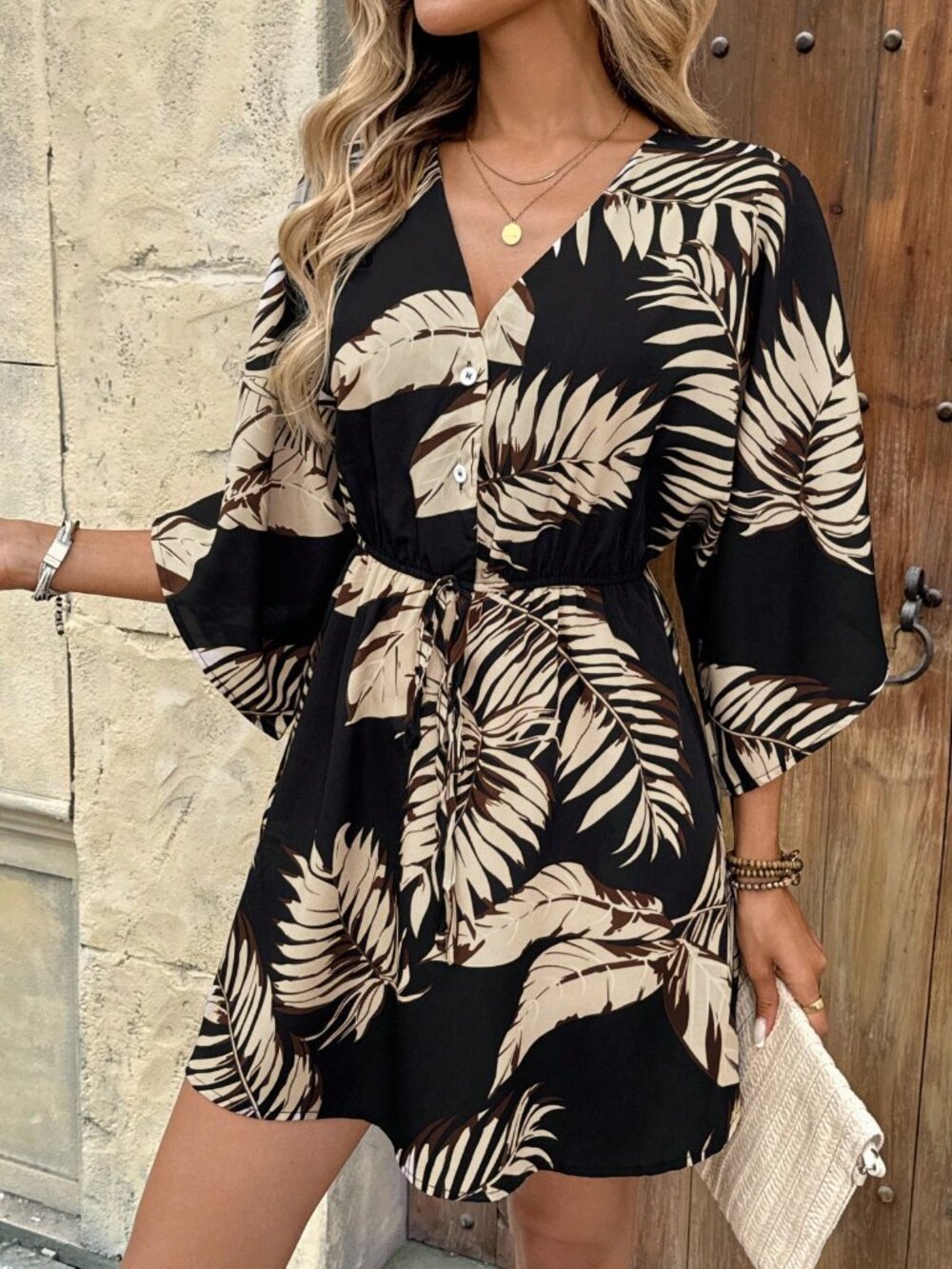 Black Boho Women's Tropical Printed Button-Up Half Placket Dress - Picture 5 of 6